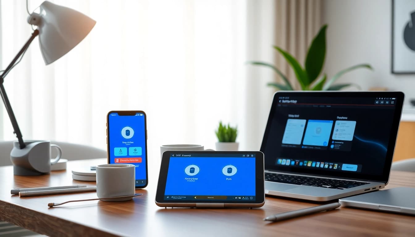 快连下载 app interface displayed on multiple devices showcasing modern technology in a professional setting.