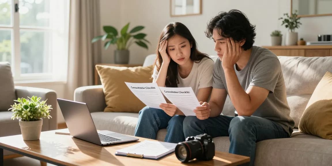 Couple discussing how to get rid of a timeshare in a cozy living room, exuding relief and hope.
