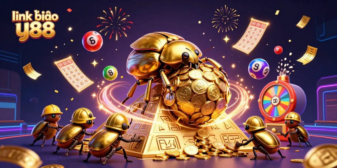 Experience the excitement with link vào uy88 as golden beetles celebrate a jackpot of coins in a vibrant casino scene.