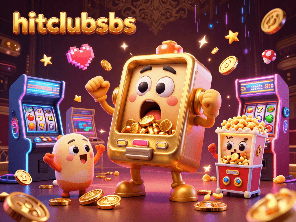 hitclubsbs slot machine hits jackpot, surrounded by cheering baby slots and popcorn machine in a vibrant casino scene.