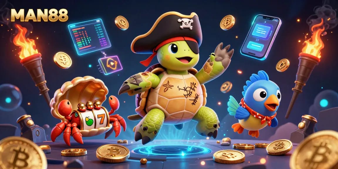 Enjoy the thrilling adventure of MAN88 with cartoon pirate turtle, golden hermit crab, and vibrant treasures in a crypto casino setting.