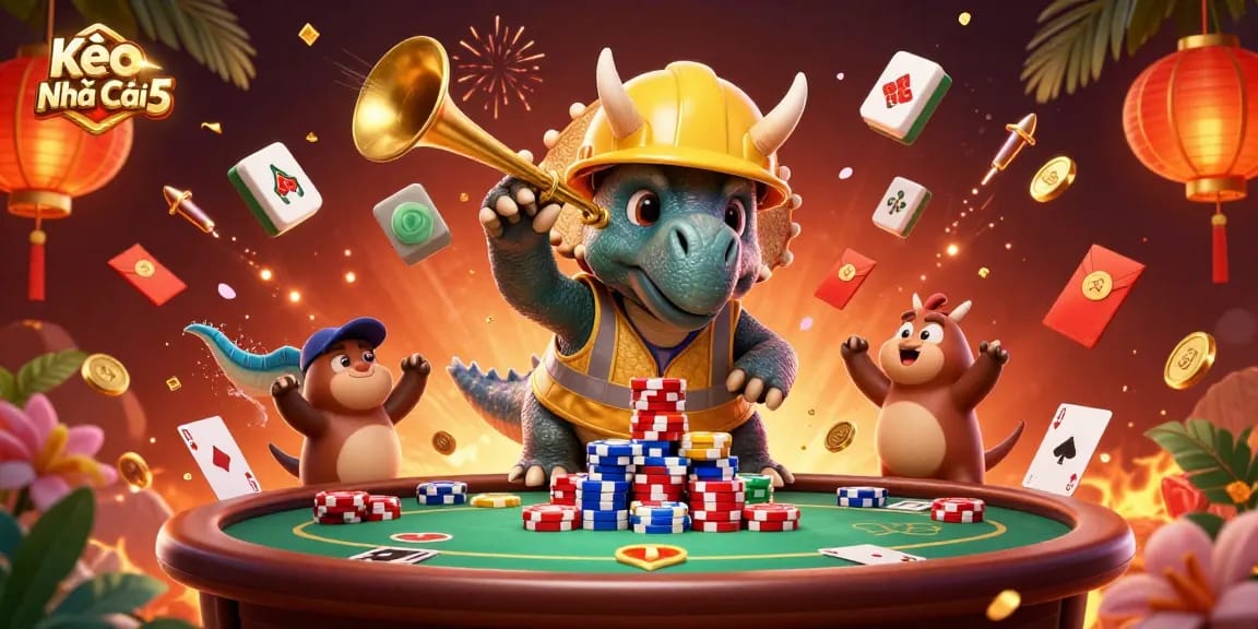 Kèo Nhà Cái 5 displays an exciting scene with a joyful triceratops constructing poker chip pyramids amidst vibrant casino elements