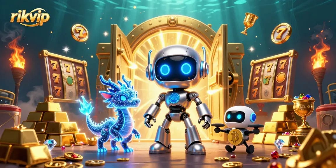 Engage with the rikvip experience amidst a 3D scene of vibrant slot games and treasure.