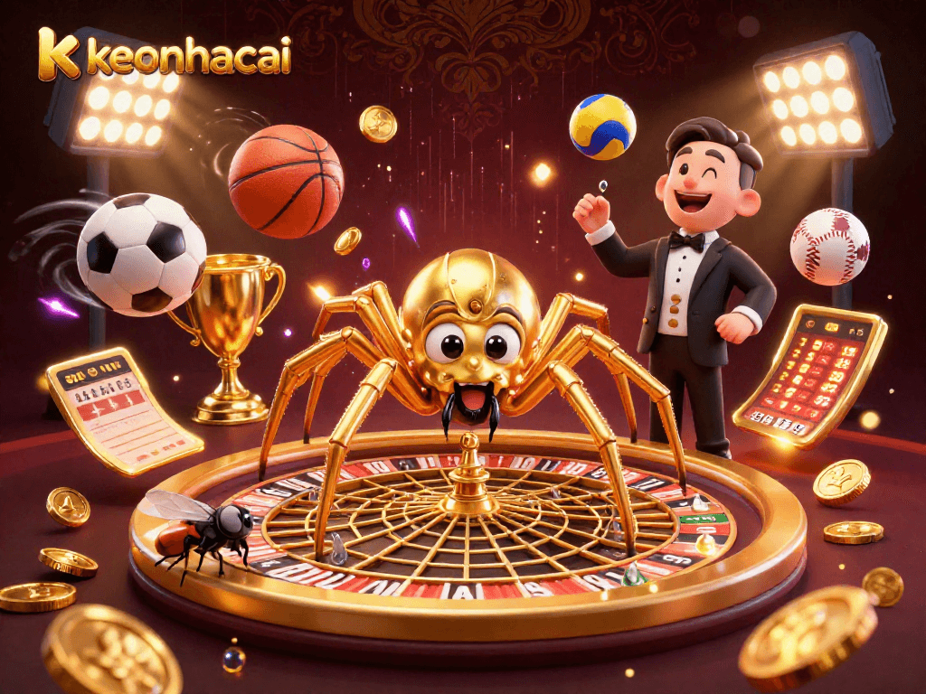 Bet big with keonhacai as a golden spider spins a vibrant roulette web in a dynamic casino scene.