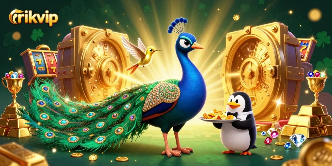 Experience thrilling gameplay at rikvip with a peacock and penguin in a vibrant casino scene.
