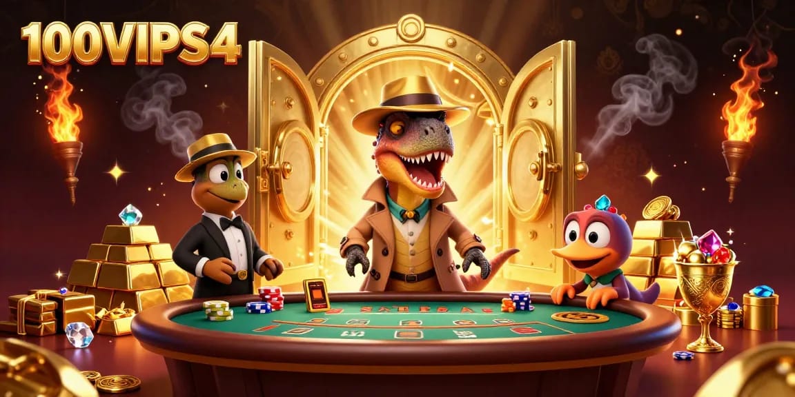100VIPS4 cartoon velociraptor card counter at blackjack table surrounded by treasure, creating a thrilling casino scene.