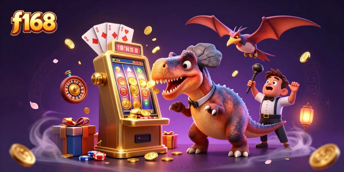 Experience f168 excitement as a dinosaur jackpot erupts with coins in a vibrant casino scene.