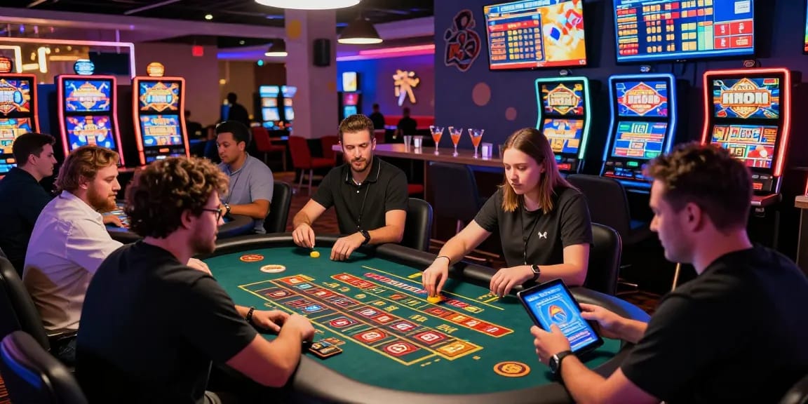 The lively scene of players at a non UK casino depicted in the vibrant atmosphere of https://rcnhca.org.uk, showcasing games like roulette and slots amidst neon lights and promotions.