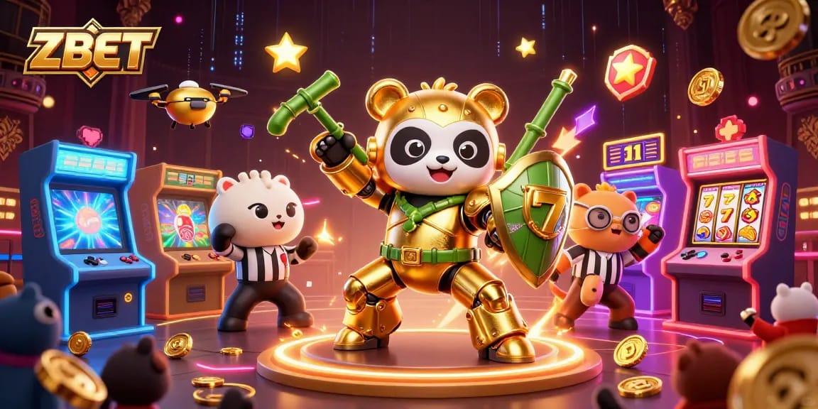 ZBET showcases exciting gambling action in a colorful 3D casino scene filled with games and characters.