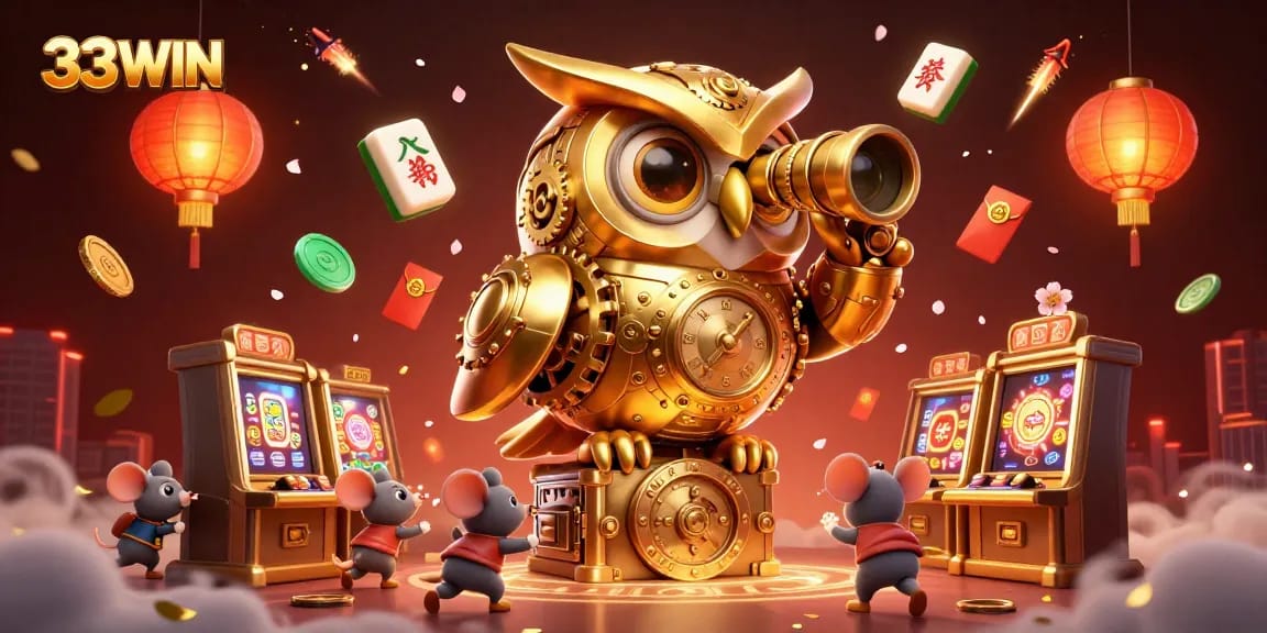 Engage in thrilling gaming adventures at 33WIN with a dynamic casino scene featuring a clockwork owl.