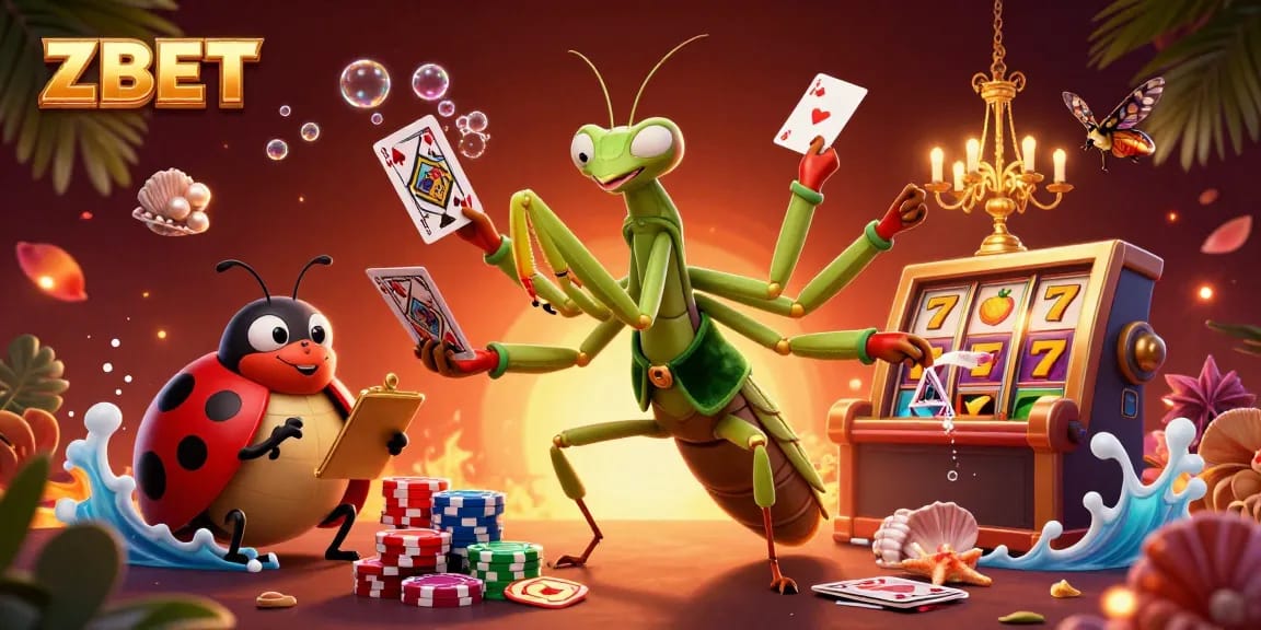ZBET casino scene with vibrant characters, colorful slot reels, and a dynamic gambling atmosphere.