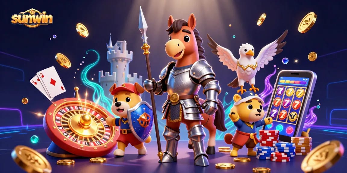 Experience thrilling wins with sunwin as a knight, puppy, and falcon revel in a colorful casino adventure!