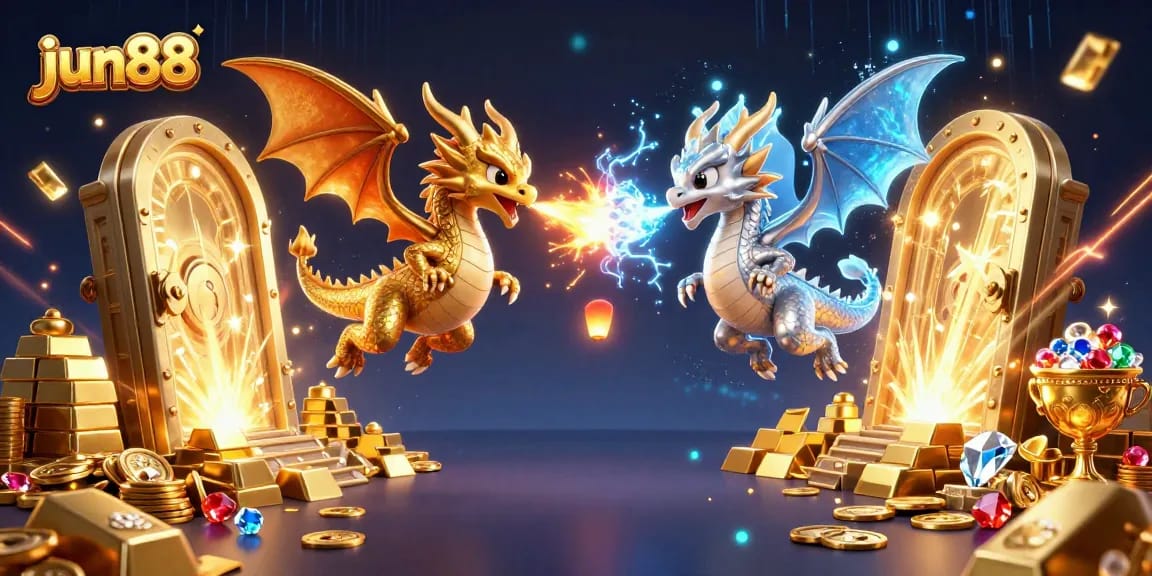 Experience excitement at jun88 with gold and silver dragon illustration, showcasing a thrilling online gaming environment.