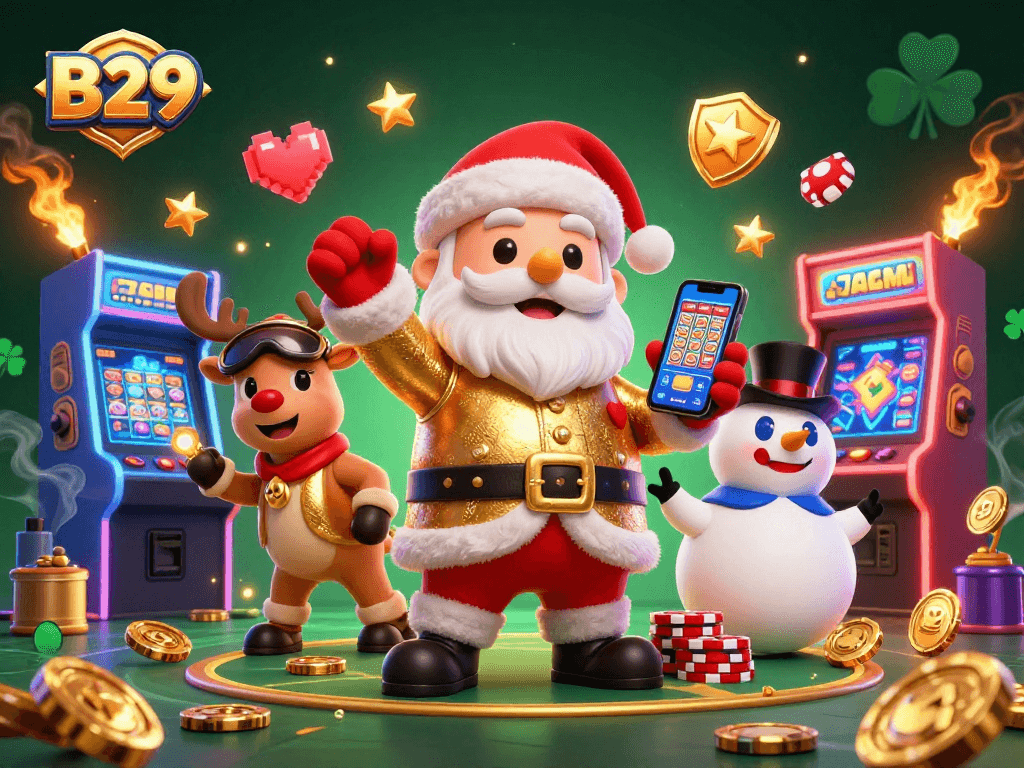 B29 players enjoy a vibrant casino experience with Santa and friends at jackpot slot machines.