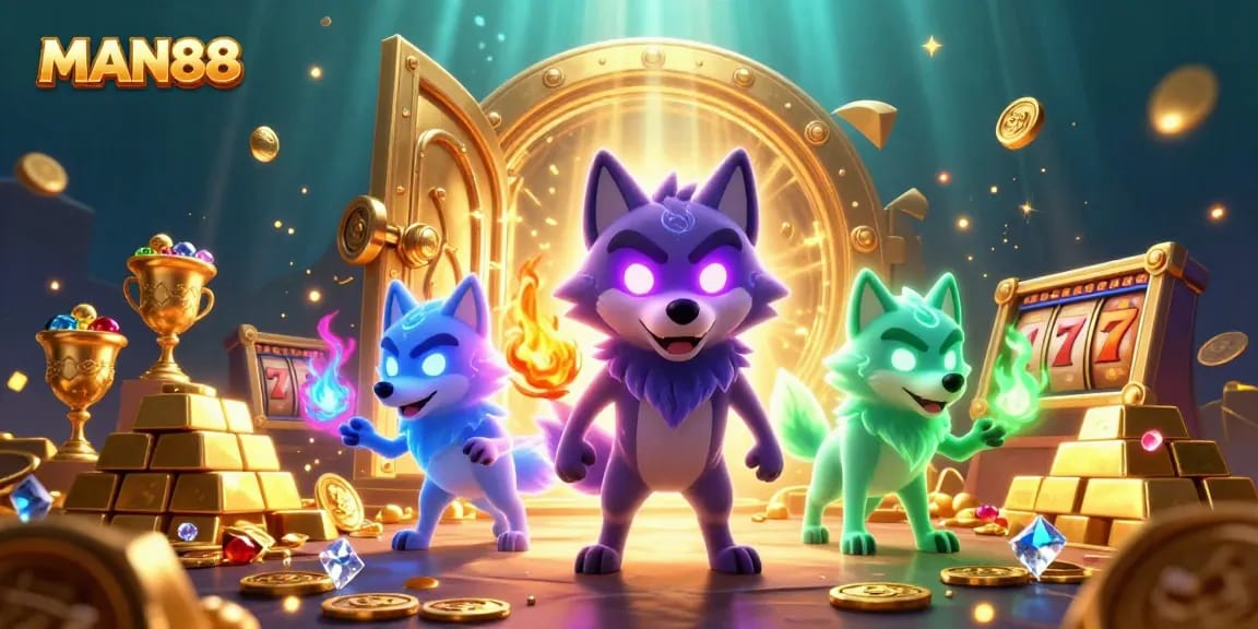 Engage in elite gaming experiences with MAN88 at a vibrant casino scene featuring captivating wolves.