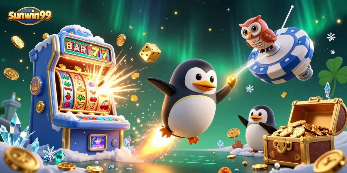 Experience the thrill of sunwin99 with vibrant 3D casino adventures featuring a golden penguin!