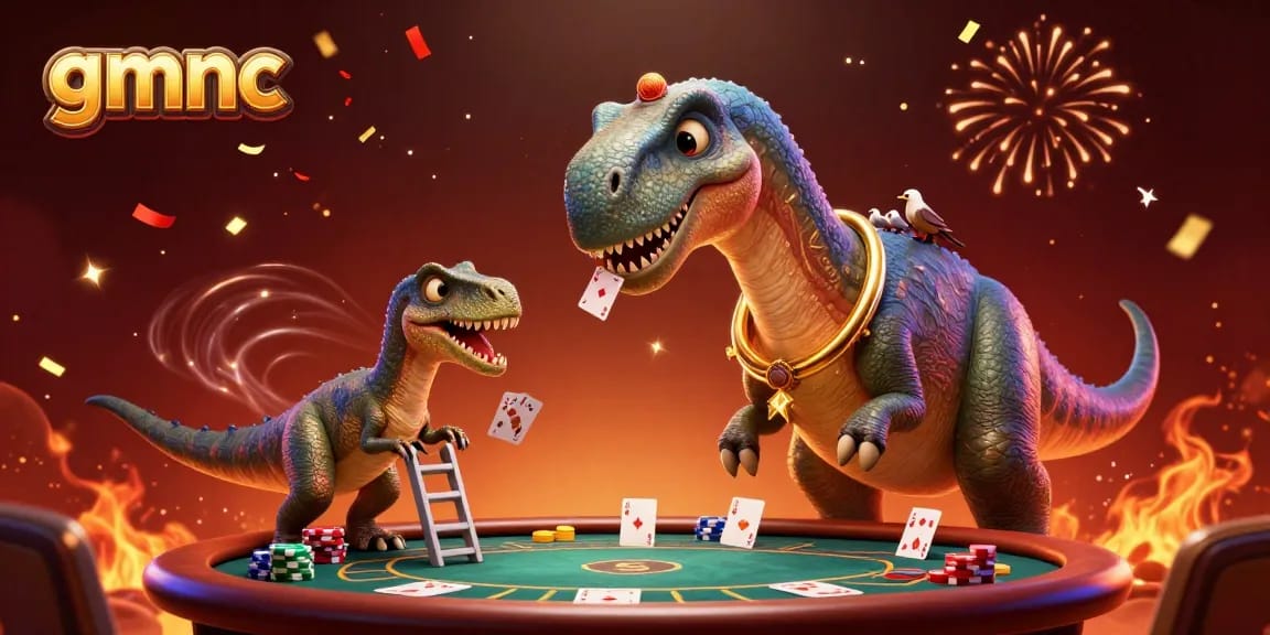 Engaging gmnc 3D illustration depicting a towering dinosaur above a poker table, showcasing vibrant casino elements.