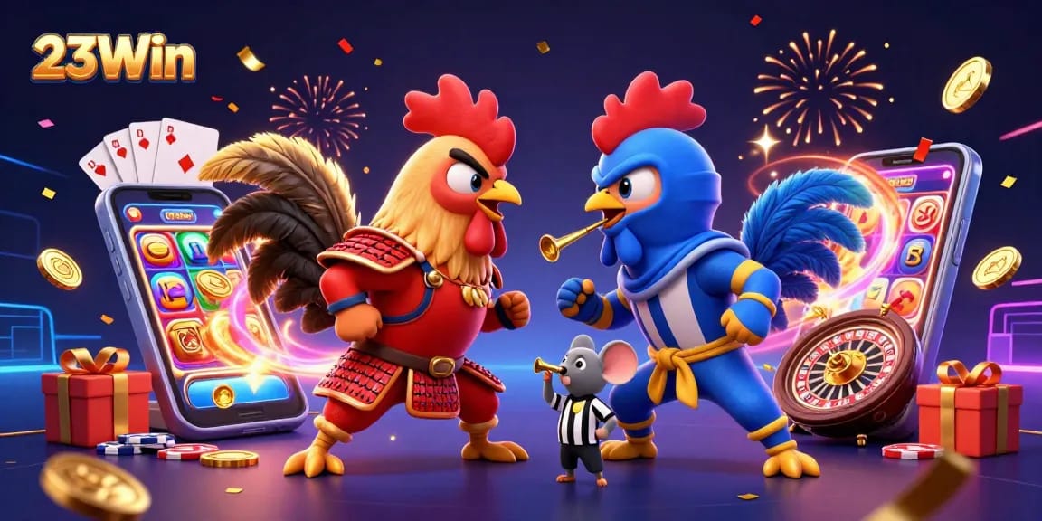 Experience the excitement of 23Win as cartoon roosters battle amidst casino games and dazzling visuals.