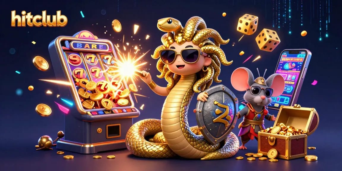 Cute Medusa and warrior mouse enjoying hitclub's exciting casino world with colorful elements and jackpots