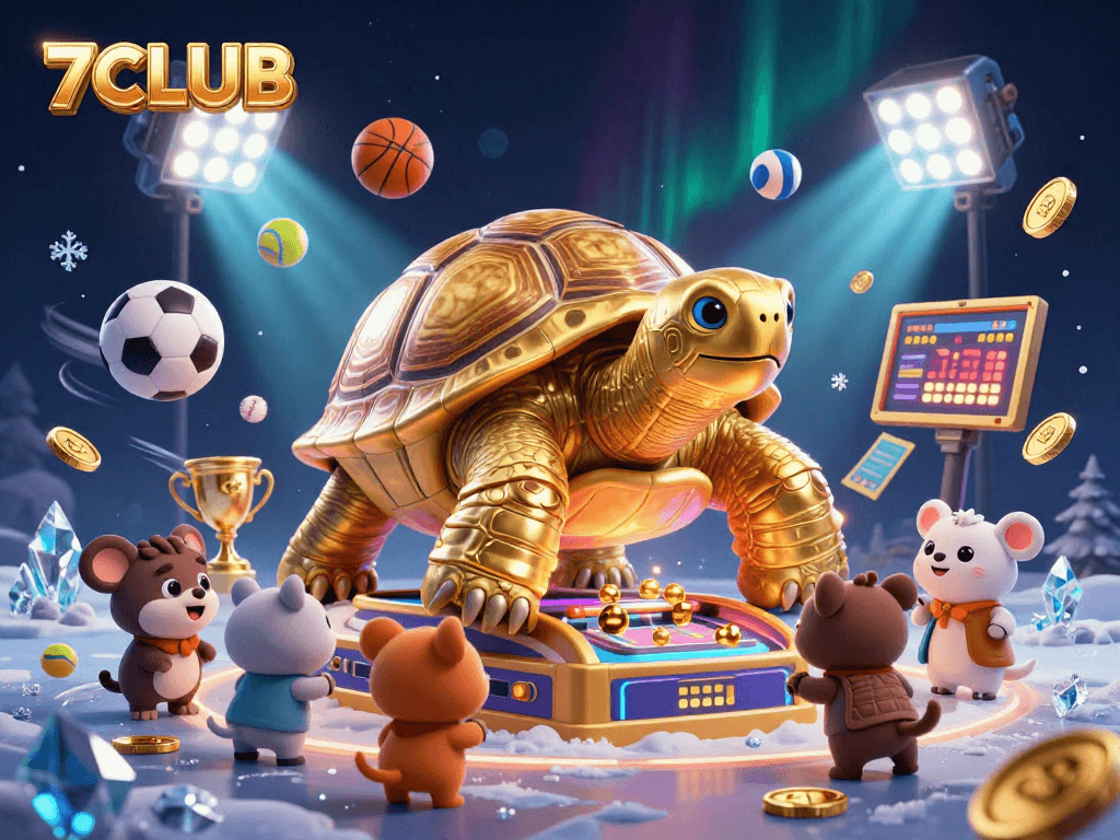 Experience the excitement of 7CLUB as animated characters engage in thrilling casino games amidst vibrant scenes filled with sports elements and awards.