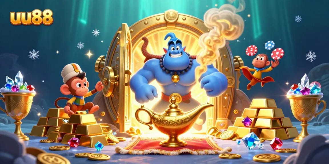 Experience thrilling adventure at uu88 with a rich, vibrant casino-themed 3D illustration.