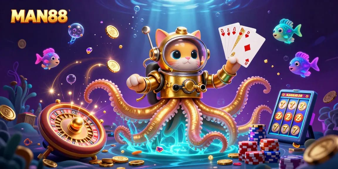 Experience thrill at MAN88 with a spectacular 3D kraken illustration surrounded by vibrant casino elements.