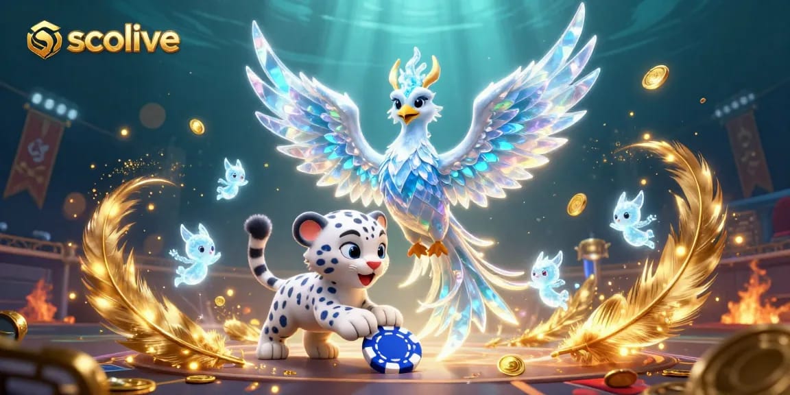 Experience thrilling sports betting with socolive in this vibrant 3D illustration featuring a phoenix and playful snow leopard.