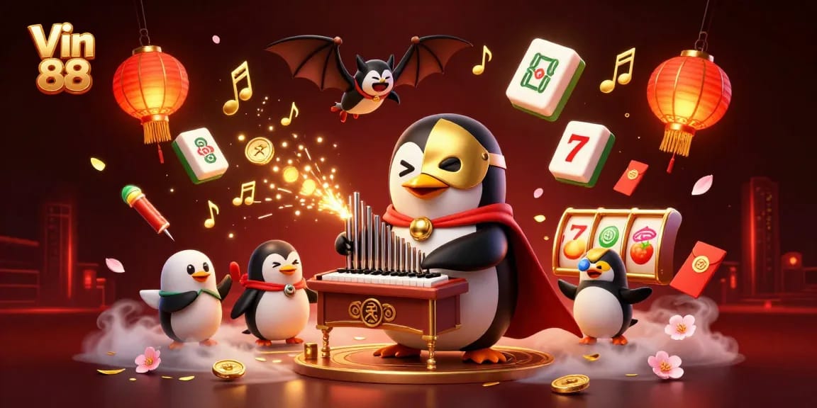 Experience the magic of Vin 88 with a 3D cartoon scene filled with animated casino elements.