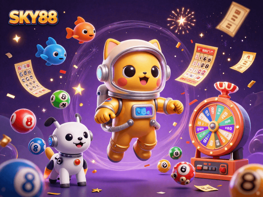 Engage with SKY88's vibrant universe of exciting games and lottery fun in this dynamic scene.