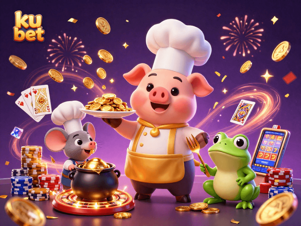 ku bet celebrates with a chef pig, sous-chef mouse, and critic frog amid casino excitement