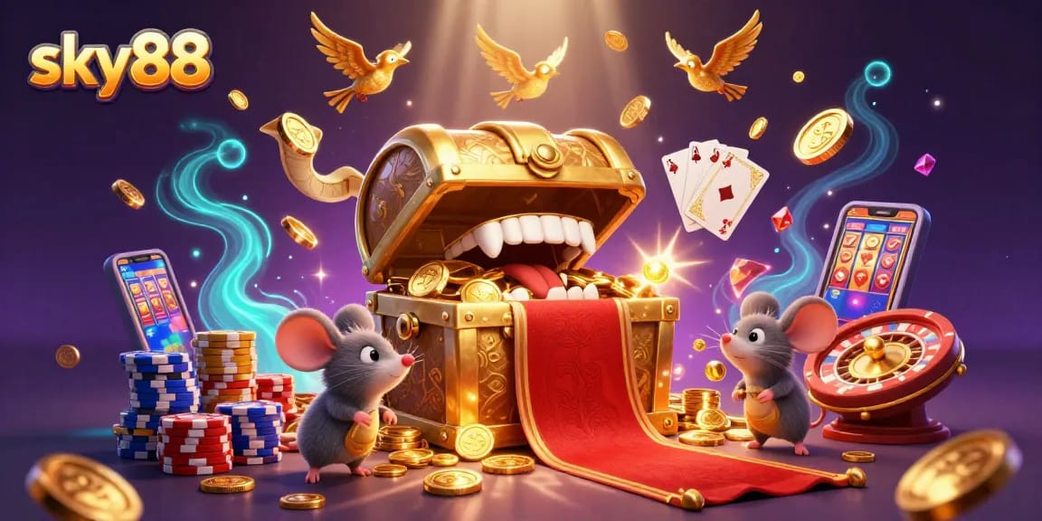 Engage in thrilling gameplay at sky88 with vibrant treasures and casino excitement illustrated in a dynamic scene.