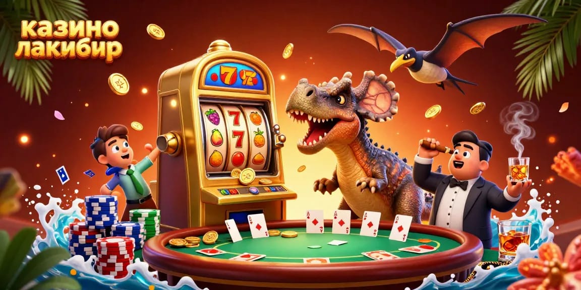 Engaging scene showcasing казино лакибир with a dinosaur headbutting a slot machine while casino chaos unfolds around it.