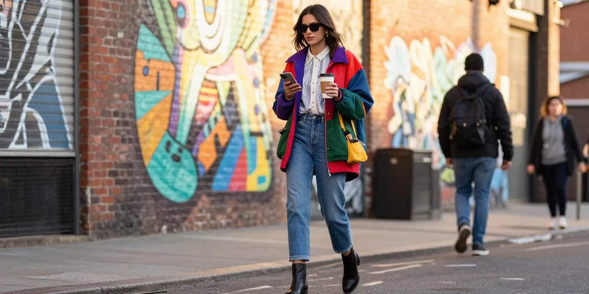 Dynamic urban women's fashion scene with a stylish woman in oversized jacket and jeans enjoying city life.
