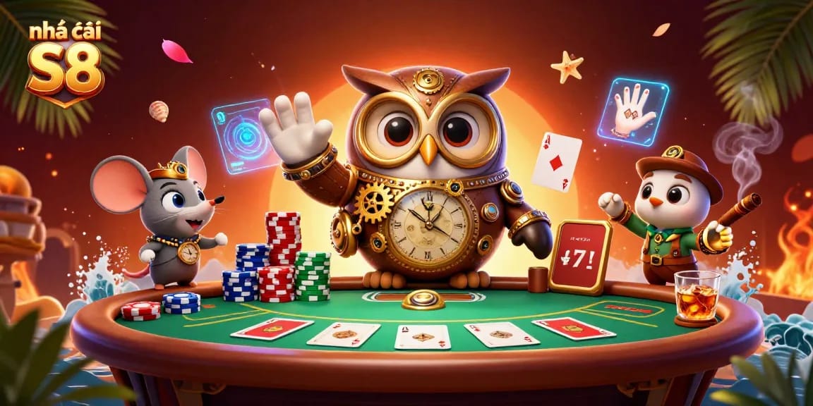Engage with Nhà cái S8 in this vibrant illustration featuring a time-traveling owl and poker action.