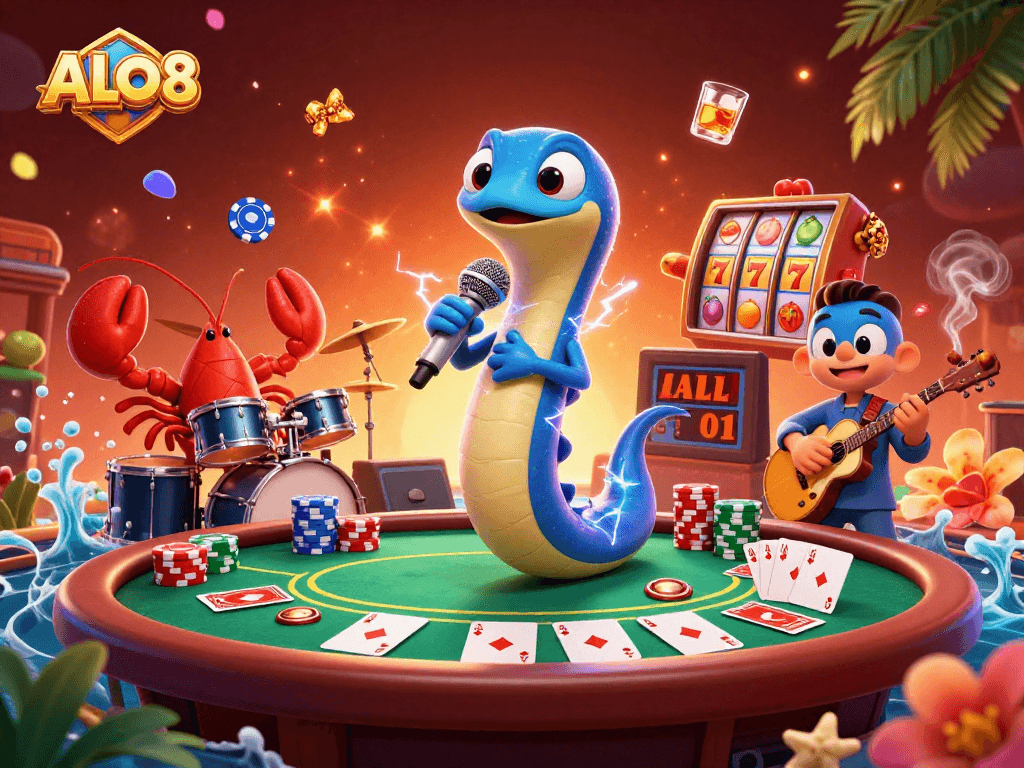 Experience thrilling gameplay at ALO8 with a vibrant underwater casino featuring dynamic characters and poker elements.