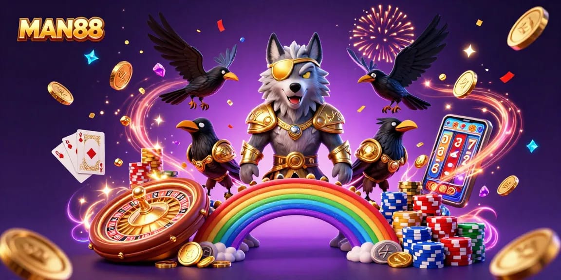 Experience the thrill of MAN88 with a dynamic, colorful 3D illustration of Odin and casino elements.