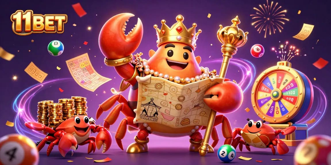 Win big at 11 BET with vibrant casino excitement featuring a golden crab emperor