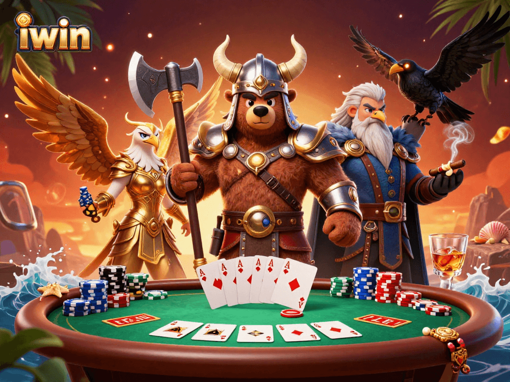 Engage in thrilling poker action with iwin's Viking berserker bear and Valkyrie eagle illustration.
