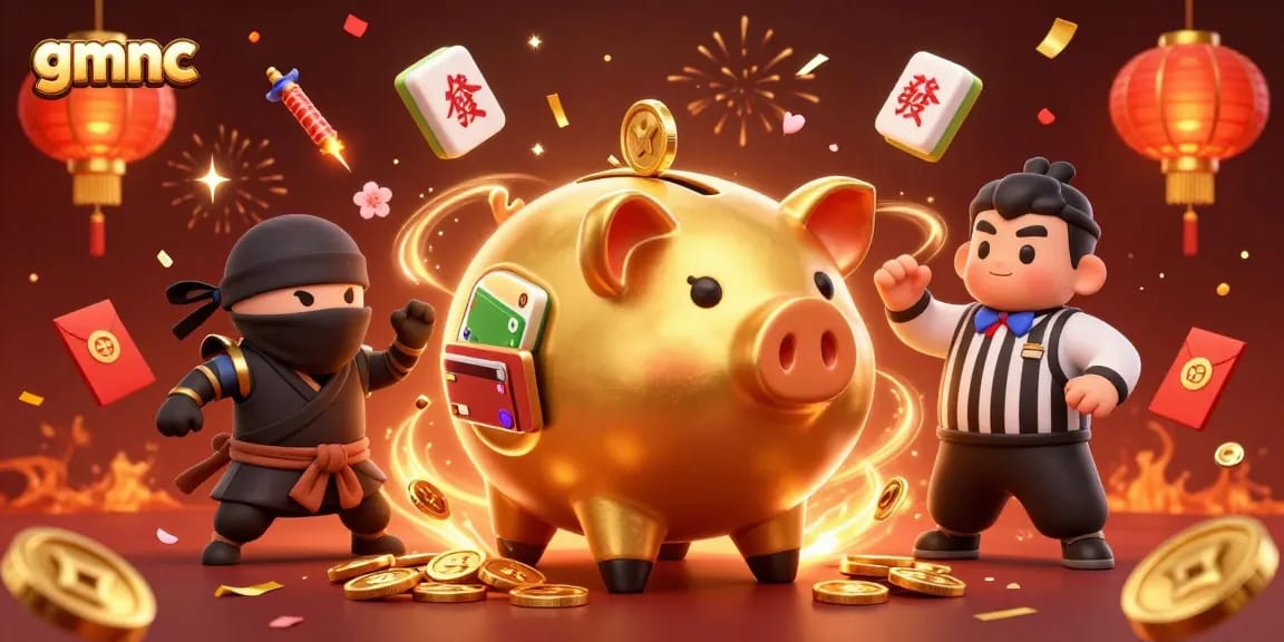 Join the festivities with gmnc as the golden piggy bank sumo wrestler triumphs in a lively casino showdown!