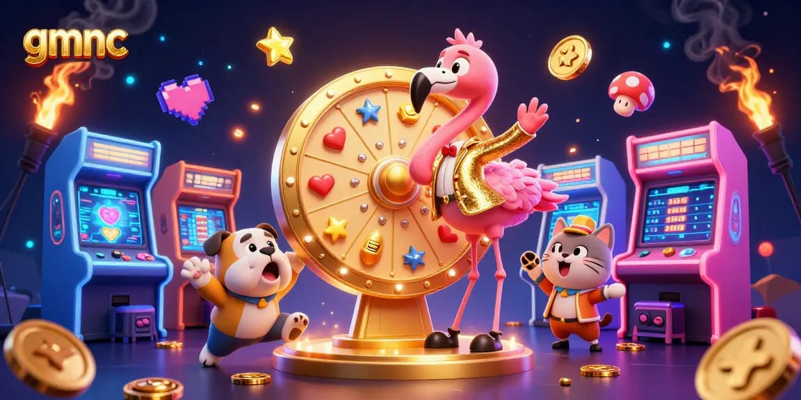 Win big at gmnc with colorful casino games and exciting characters in this vibrant illustration.