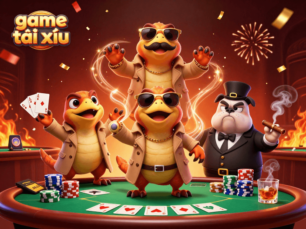 Experience game tài xỉu with raptors in a trench coat entering a casino lounge.