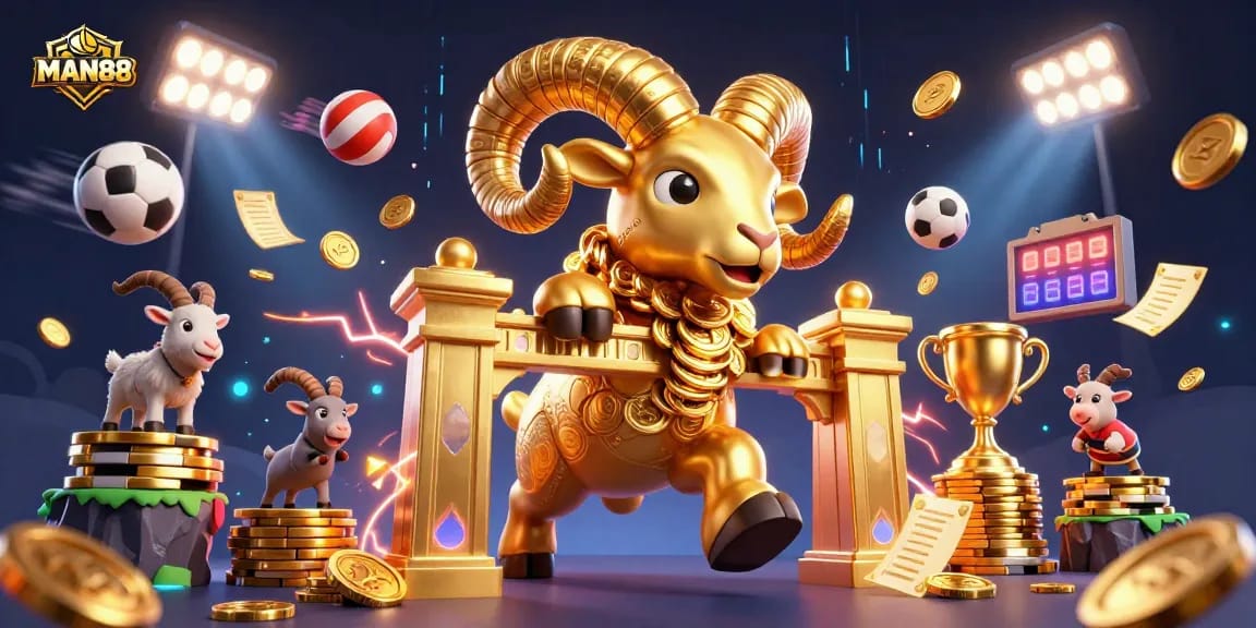 Engage with MAN88's dynamic betting scene featuring sports balls and golden ram illustration.