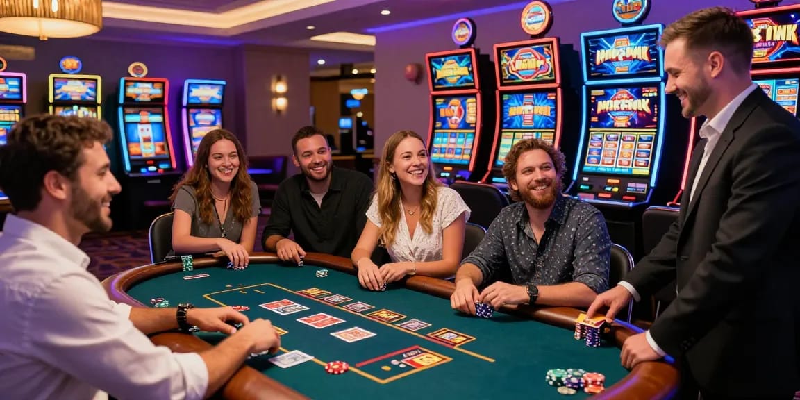 Exciting gaming action at a credit card casino with players engaged at a gaming table and glowing slot machines.