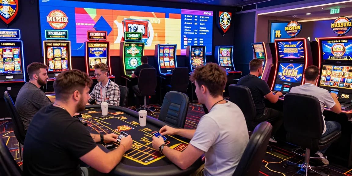 Engaging scene of players enjoying non UK casinos at sssk.org.uk with colorful games, payment methods, and vibrant atmosphere.