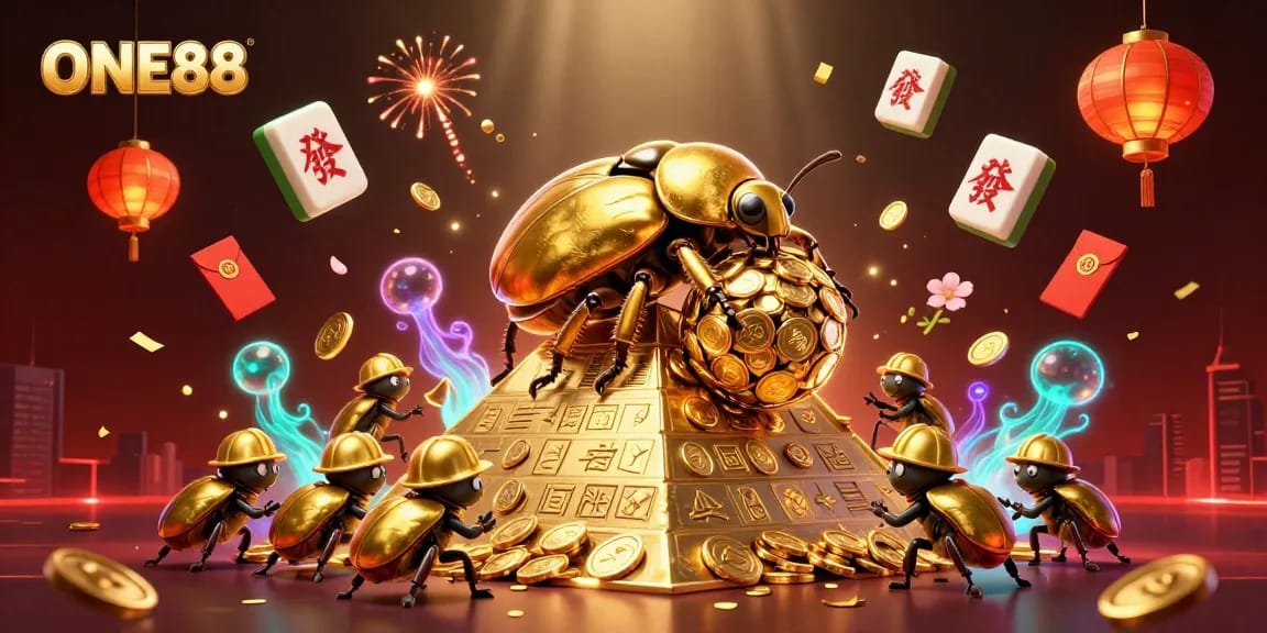 Engaging ONE88 scene with a golden beetle, casino symbols, and lively game elements.