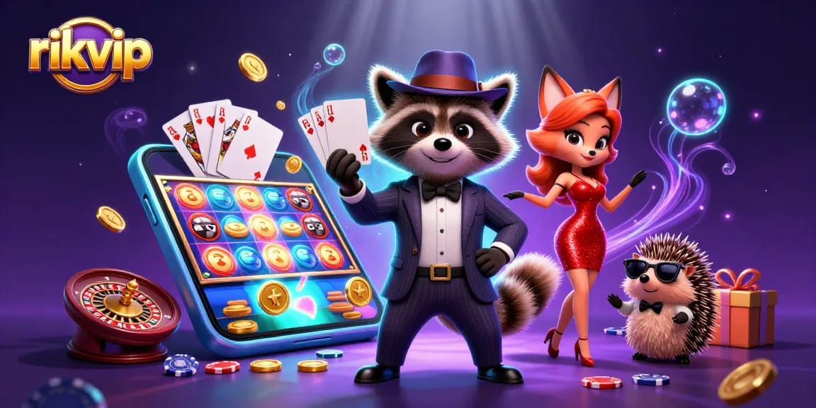 Experience exciting gameplay at rikvip with a suave raccoon, stylish fox, and dynamic casino elements.