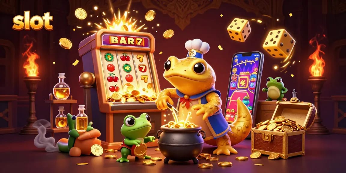 Experience thrilling slot gameplay with a golden salamander alchemist transforming riches in this illustrated scene.