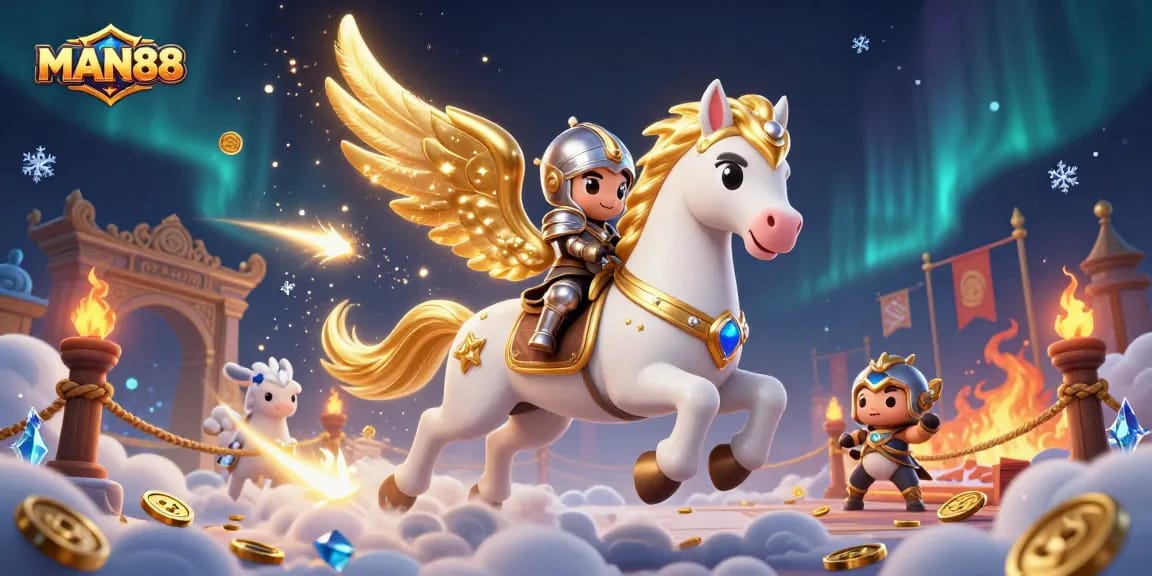 Experience the thrill of MAN88 gaming with vibrant 3D illustration of a knight on a celestial horse in a majestic scene.