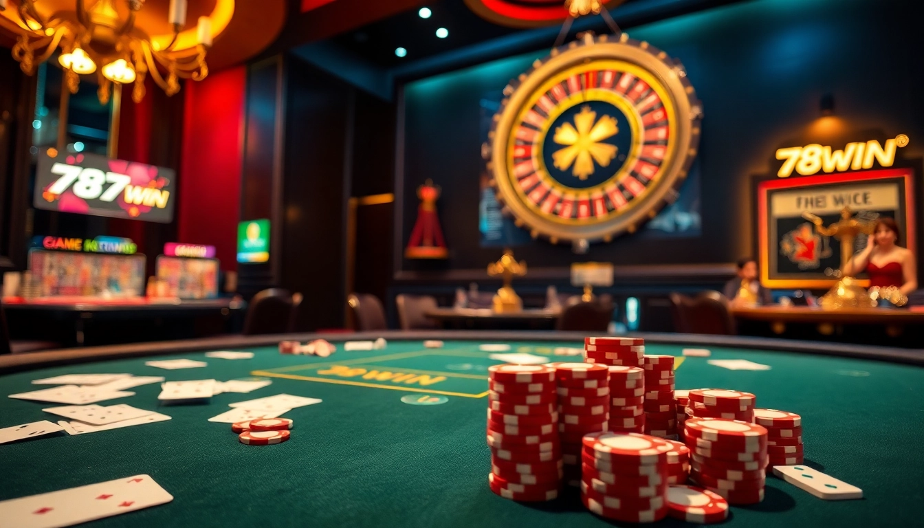Experience the excitement at 78Win's casino with vibrant games, poker chips, and roulette.