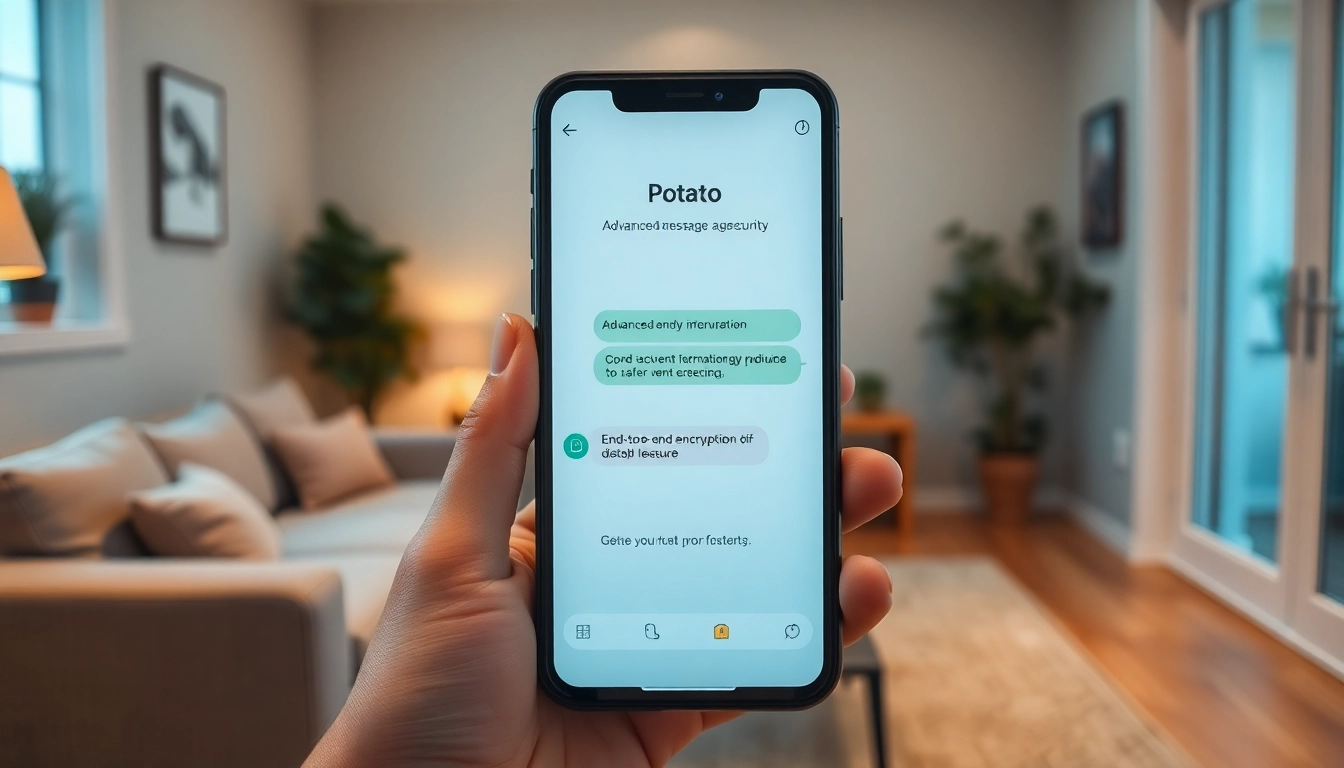Potato messaging app interface on a smartphone showcasing secure communication features in a cozy home setting.